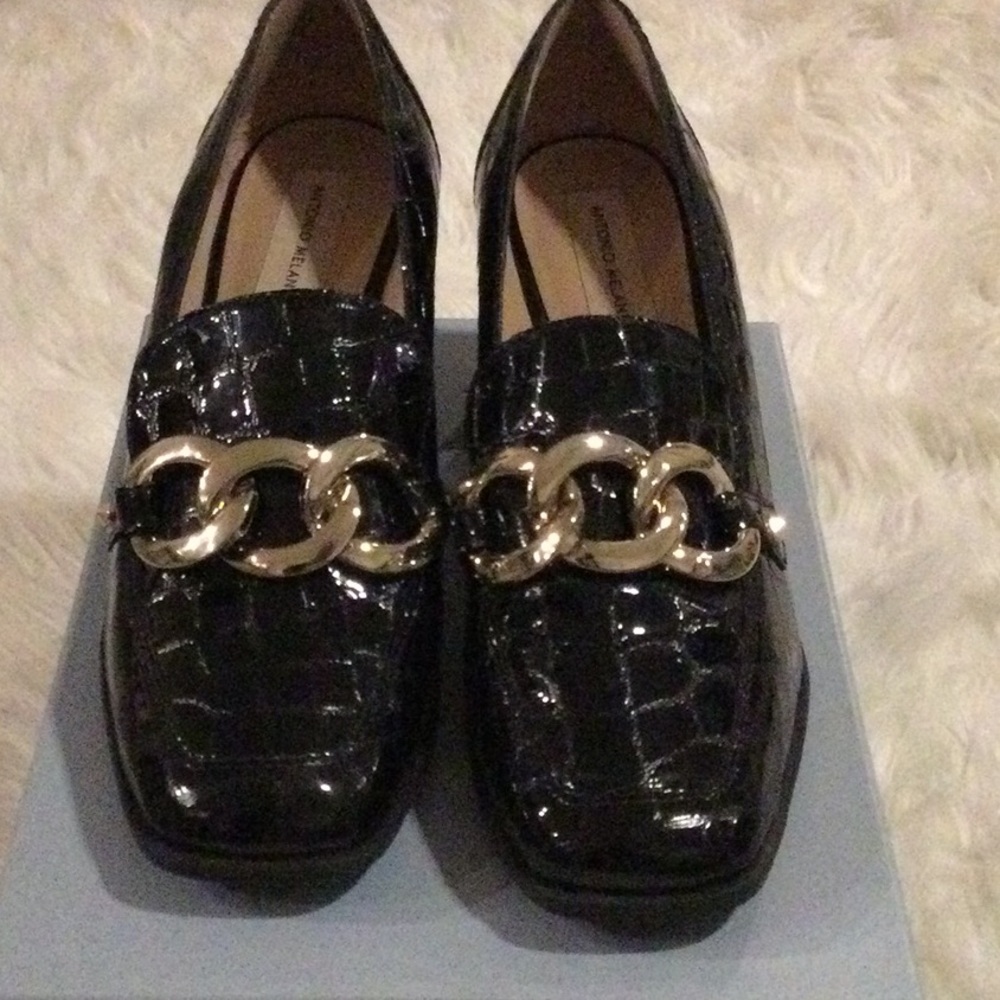 Glossy Black Loafers with Gold Chain Accent